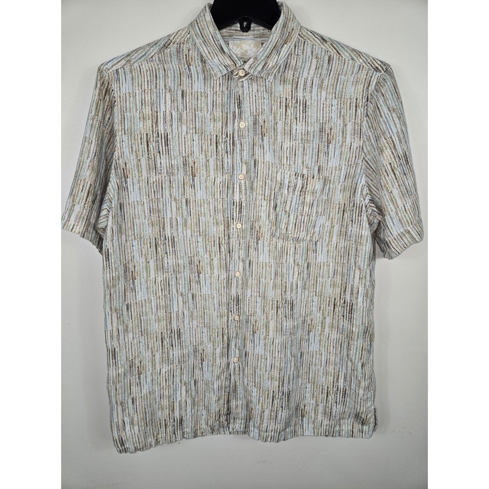 Tasso Elba Island Mens Silk Linen Blend Short Sleeve Stripe Button Down Shirt L